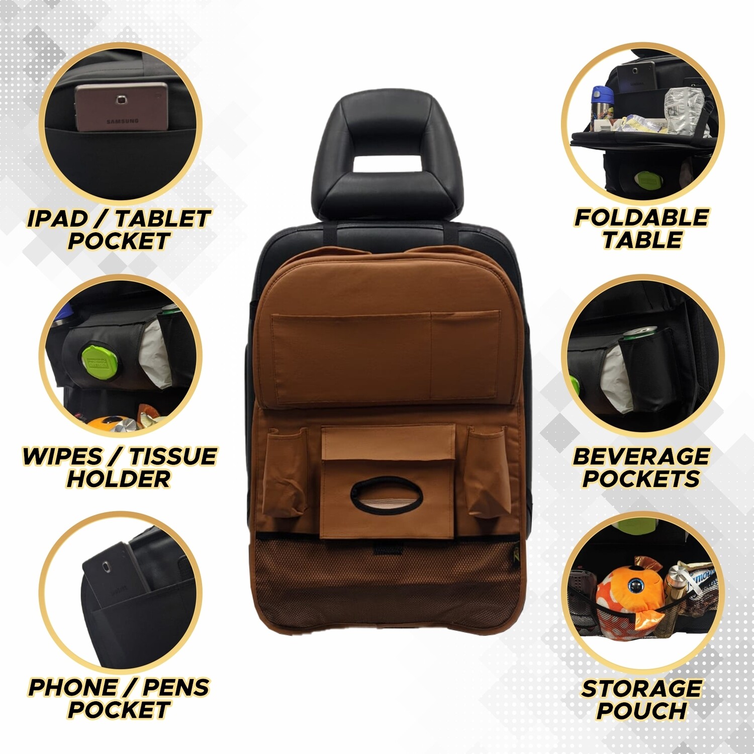 Car Backseat Organizer with Table Tray - Brown - 1 PACK