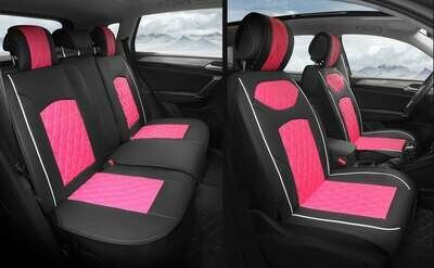 Universal PU Leather Car Seat Cover Cushion 5 Seat -Full Set - Black/Pink