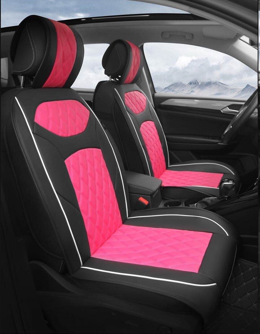 Universal PU Leather Car Seat Cover Cushion for Front Seat - 2 Pair - Black/Pink