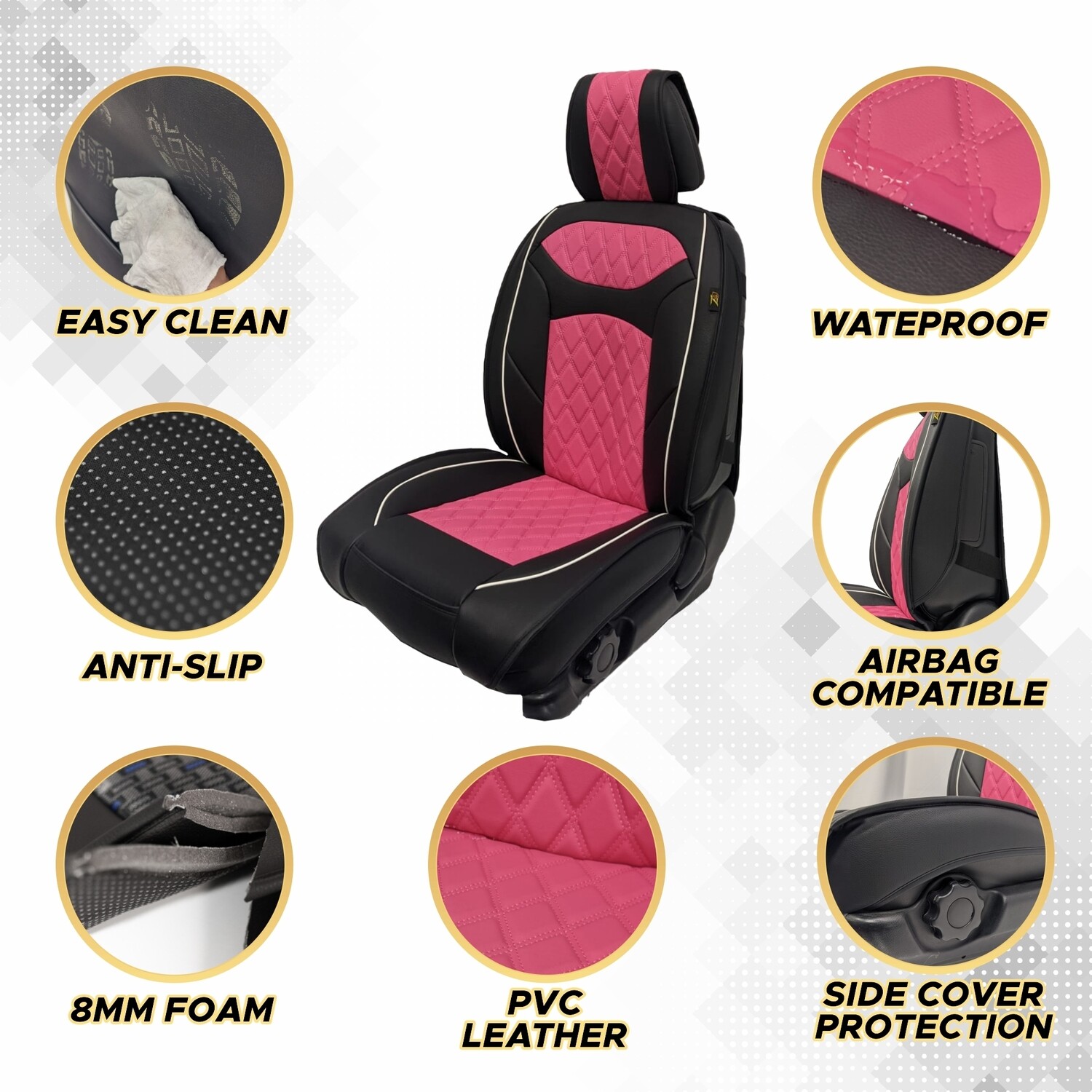 Universal PU Leather Car Seat Cover Cushion for Front Seat - 2 Pair - Black/Pink