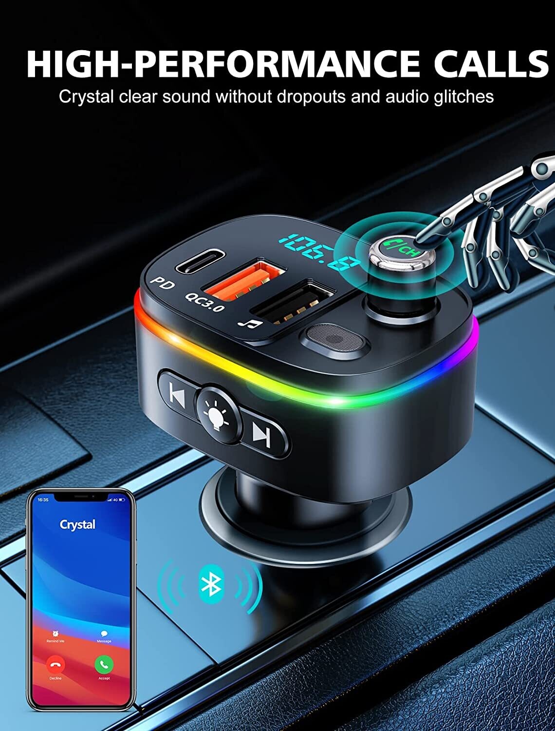 FM Transmitter for Car Bluetooth 5.0, QC3.0 &amp; PD 18W USB C Car Charger, 9 RGB Backlit Car Bluetooth