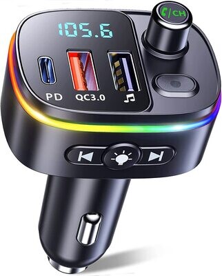 FM Transmitter for Car Bluetooth 5.0, QC3.0 &amp; PD 18W USB C Car Charger, 9 RGB Backlit Car Bluetooth