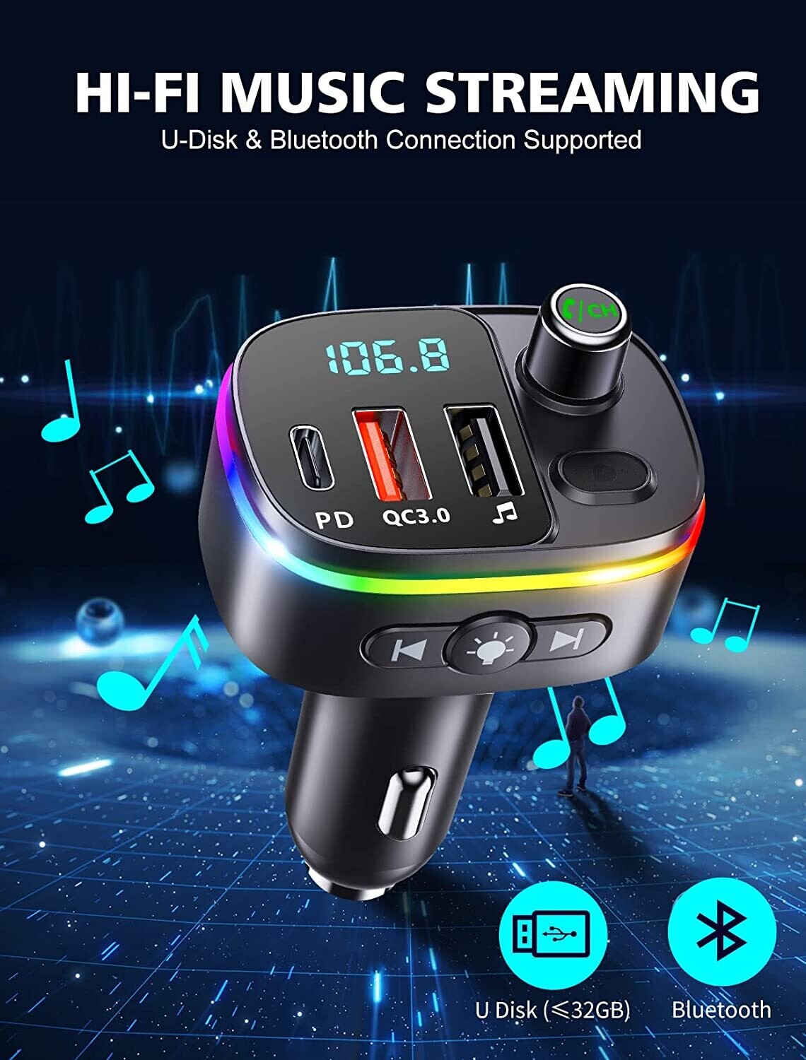 FM Transmitter for Car Bluetooth 5.0, QC3.0 &amp; PD 18W USB C Car Charger, 9 RGB Backlit Car Bluetooth