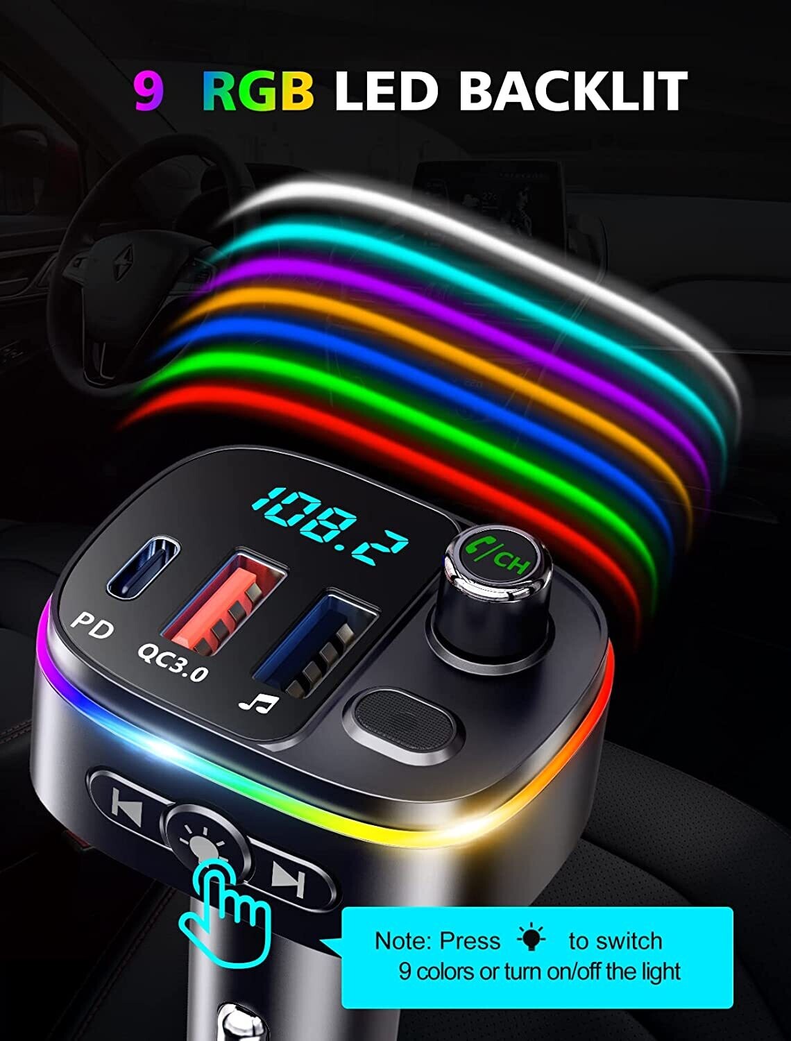 FM Transmitter for Car Bluetooth 5.0, QC3.0 &amp; PD 18W USB C Car Charger, 9 RGB Backlit Car Bluetooth