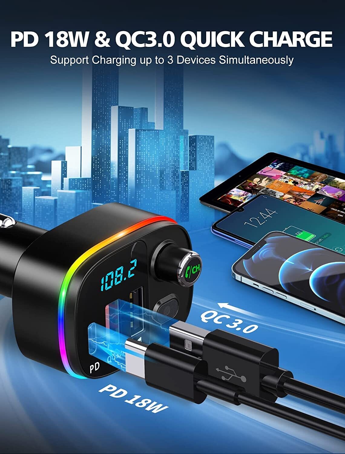 FM Transmitter for Car Bluetooth 5.0, QC3.0 &amp; PD 18W USB C Car Charger, 9 RGB Backlit Car Bluetooth