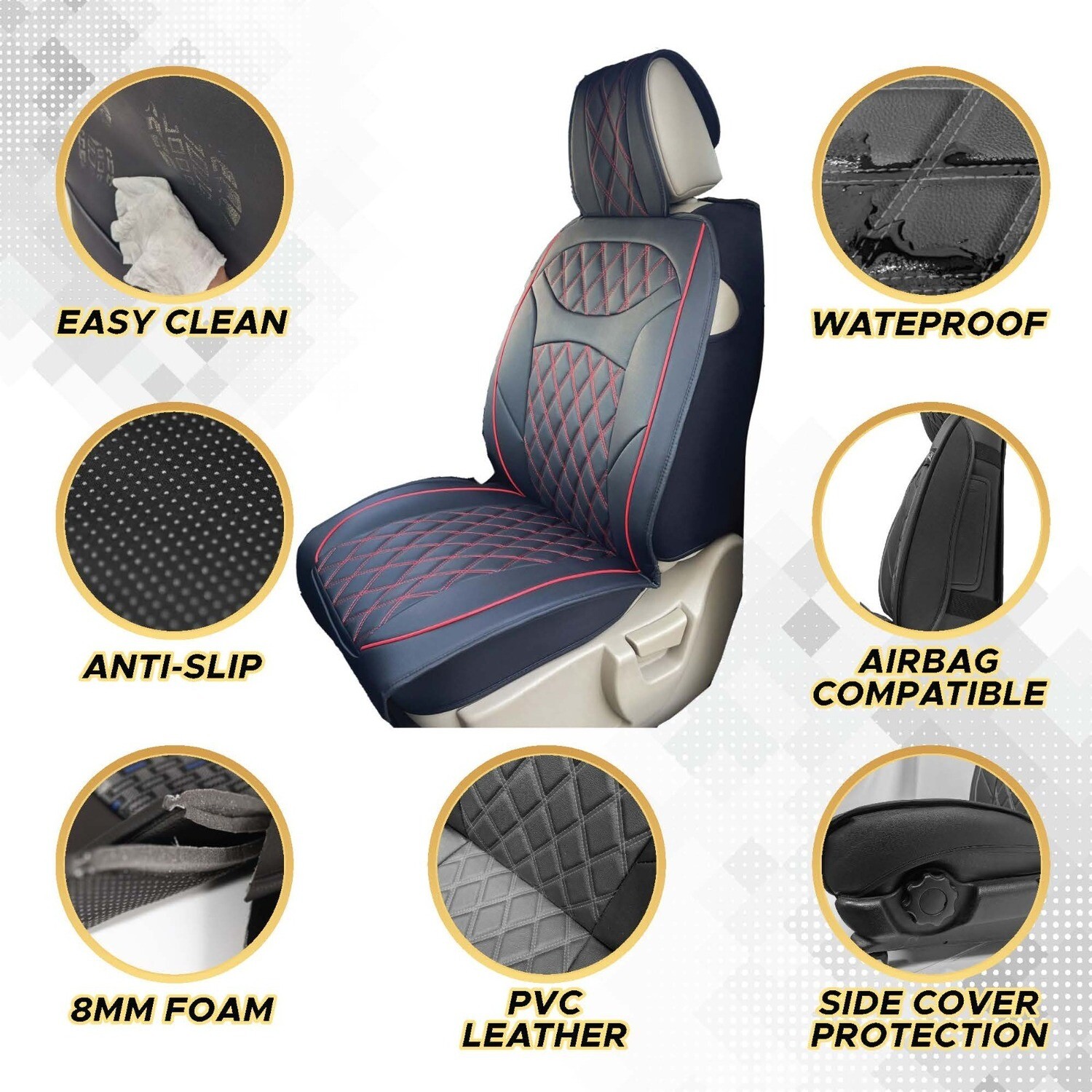 Universal PU Leather Car Seat Cover Cushion for Front Seat - 2 Pair - Black/Red