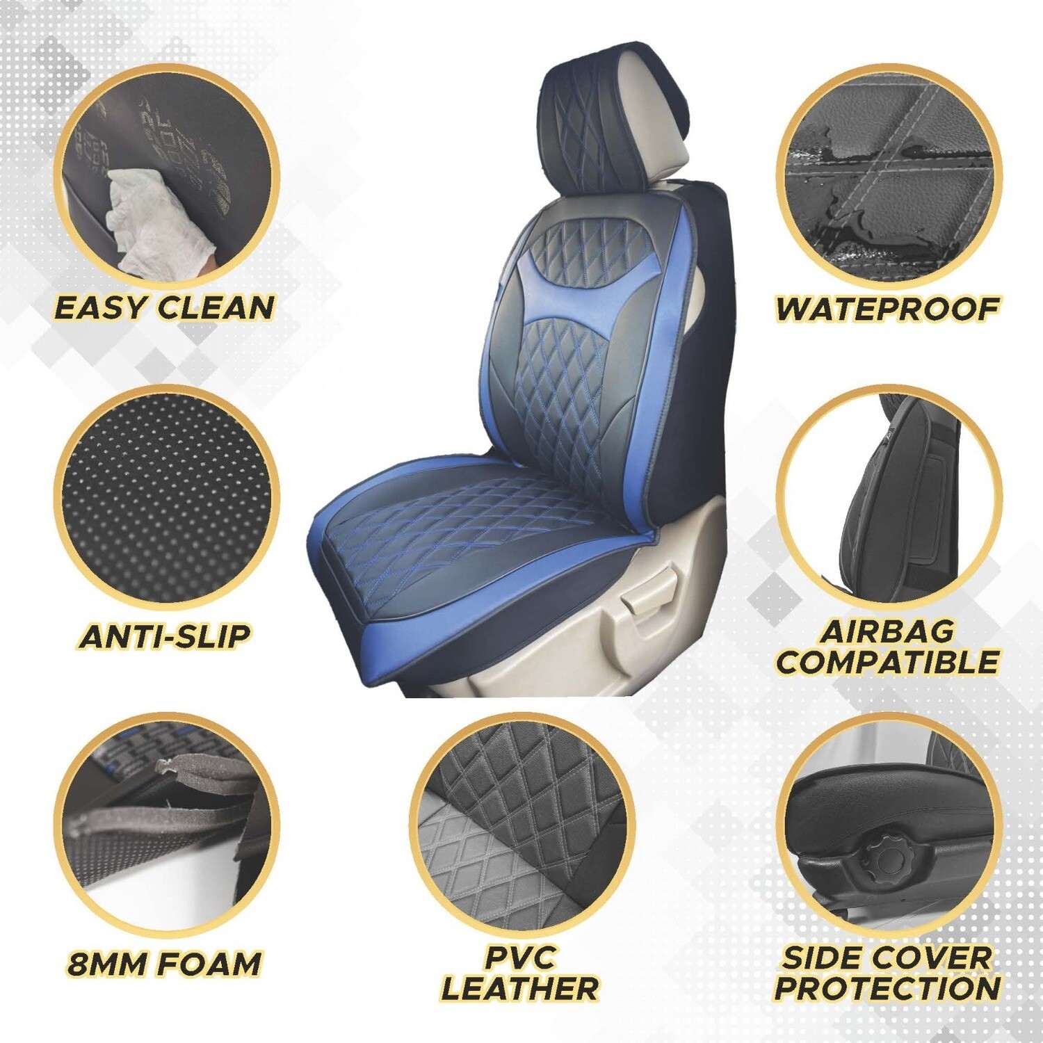 Universal PU Leather Car Seat Cover Cushion for Front Seat - 2 Pair - Black/Blue