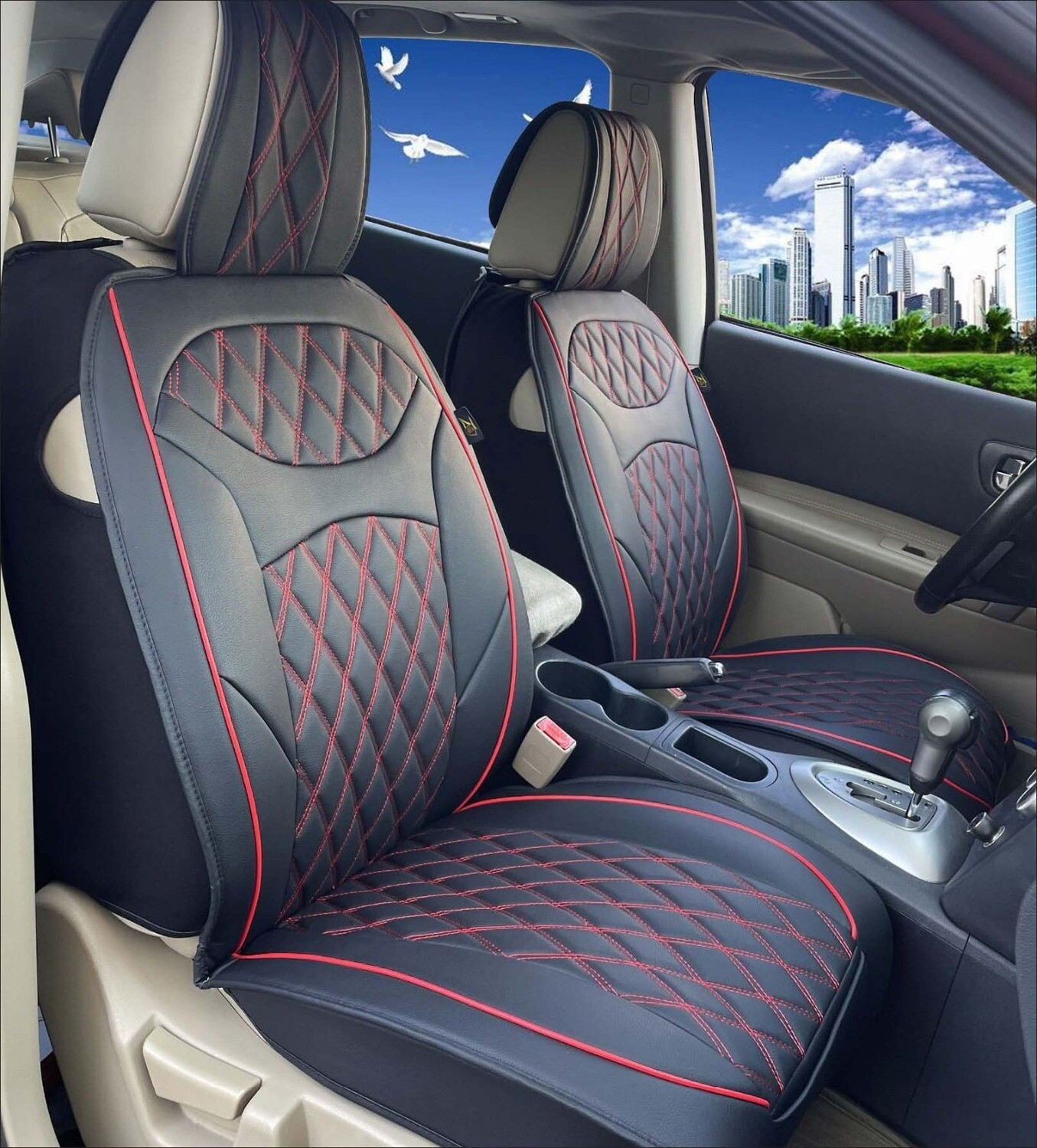 Universal PU Leather Car Seat Cover Cushion for Front Seat - 2 Pair - Black/Red