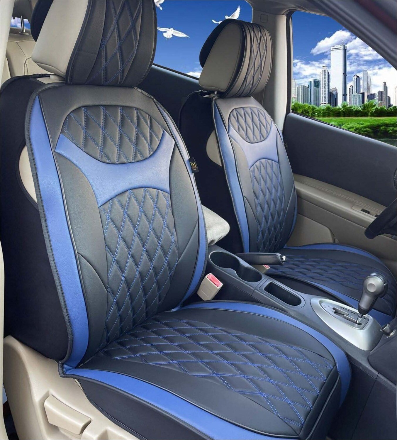 Universal PU Leather Car Seat Cover Cushion for Front Seat - 2 Pair - Black/Blue