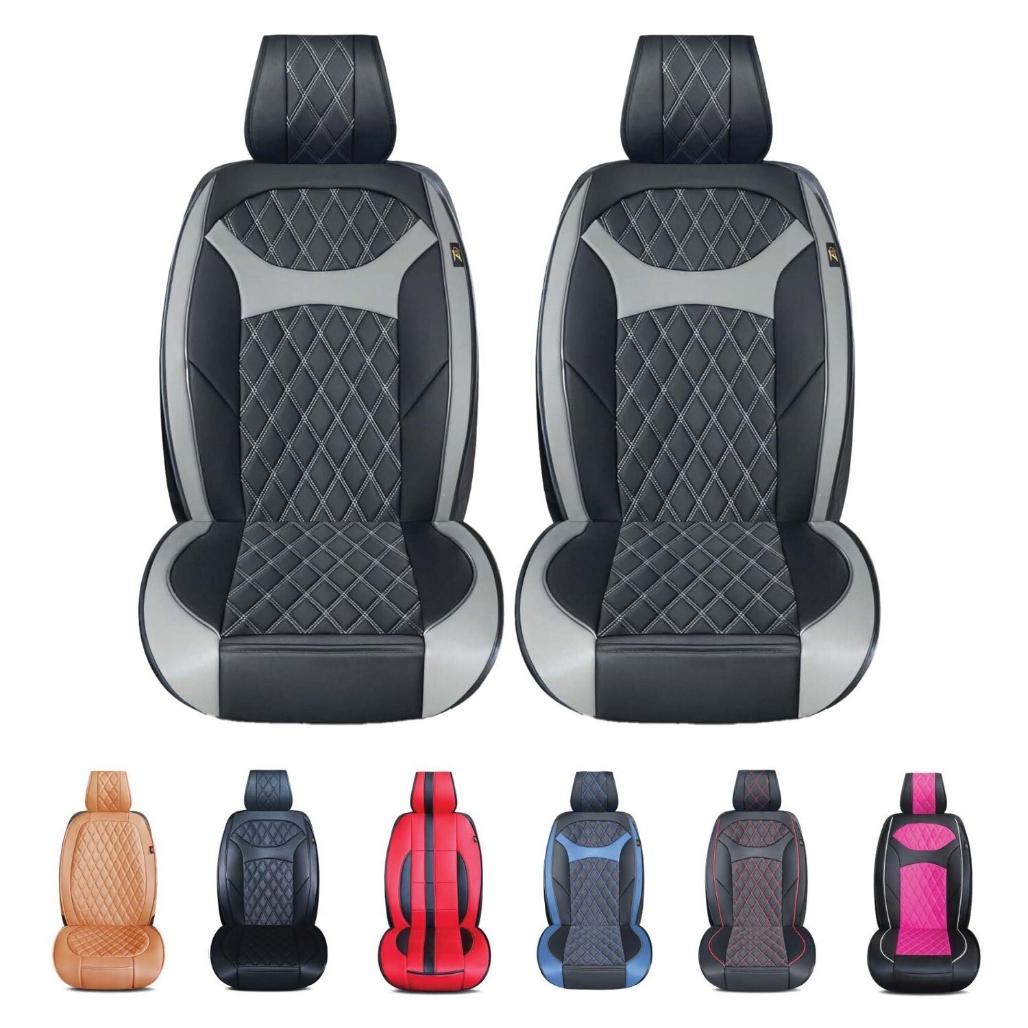 Universal PU Leather Car Seat Cover Cushion for Front Seat - 2 Pair - Black/Grey
