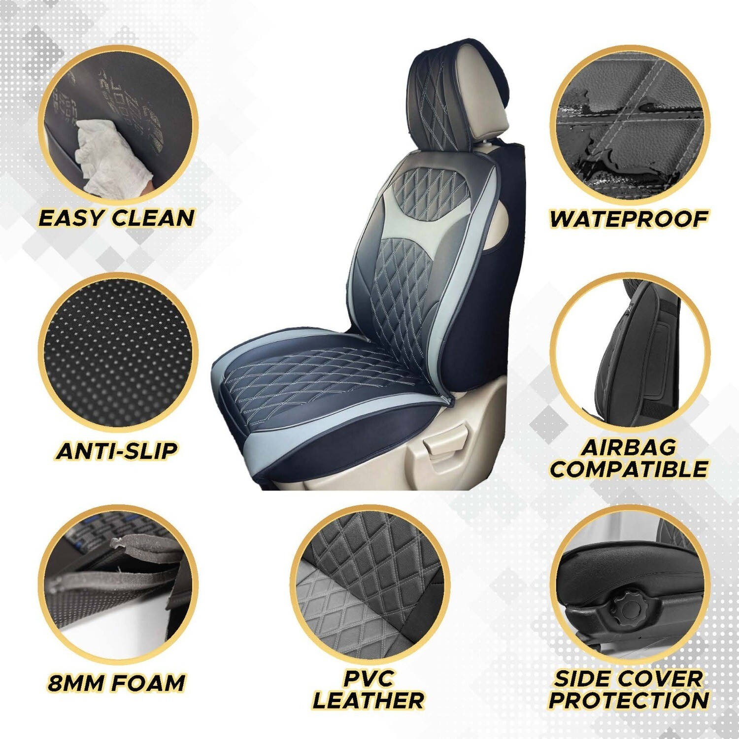 Universal PU Leather Car Seat Cover Cushion for Front Seat - 2 Pair - Black/Grey