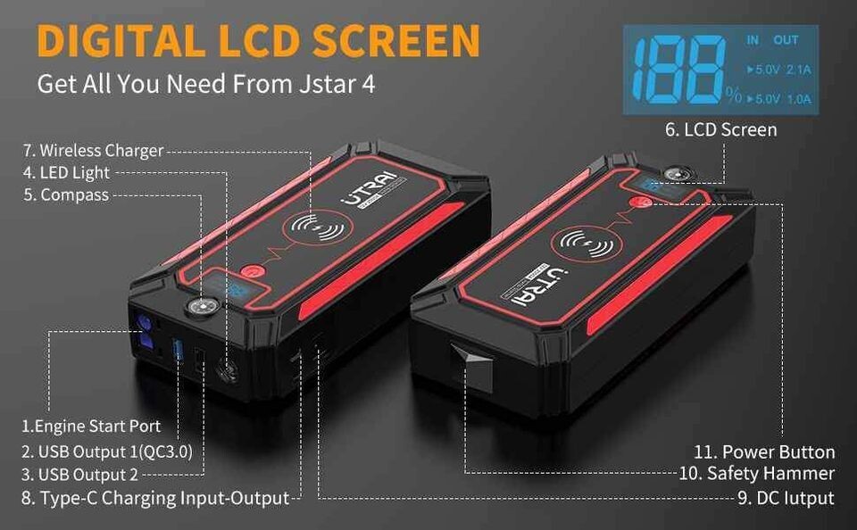 Car Jump Starter 2500A - Flashlight And Wireless Phone Charger