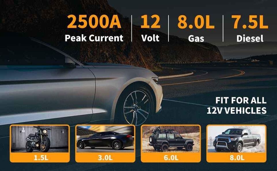 Car Jump Starter 2500A - Flashlight And Wireless Phone Charger