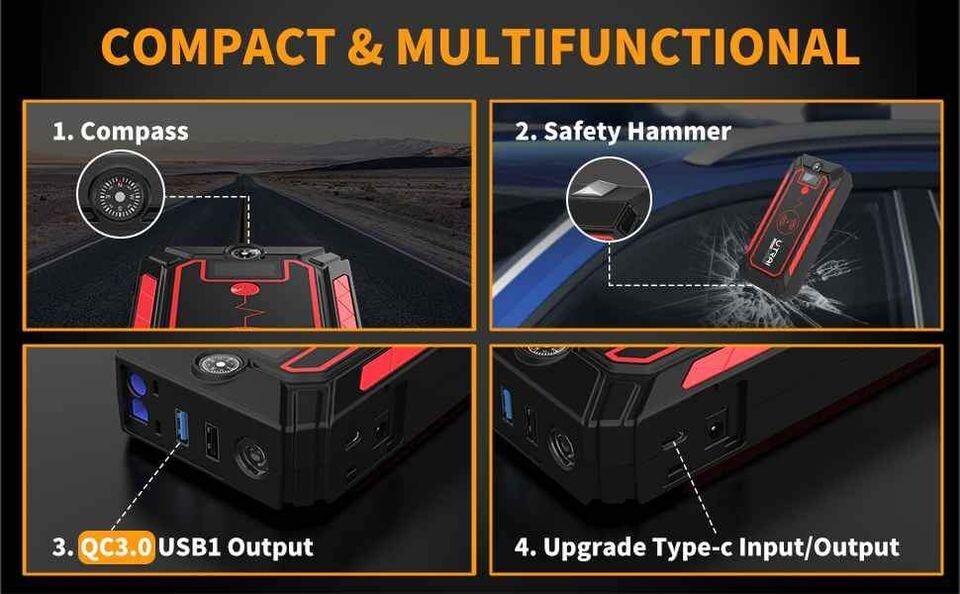 Car Jump Starter 2500A - Flashlight And Wireless Phone Charger