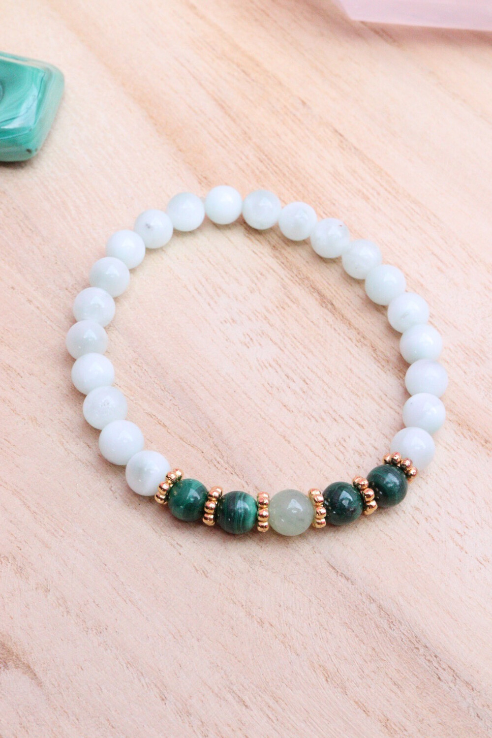 Bracelet en pierre naturelle de pierre de lune verte, malachite et aigue-marine