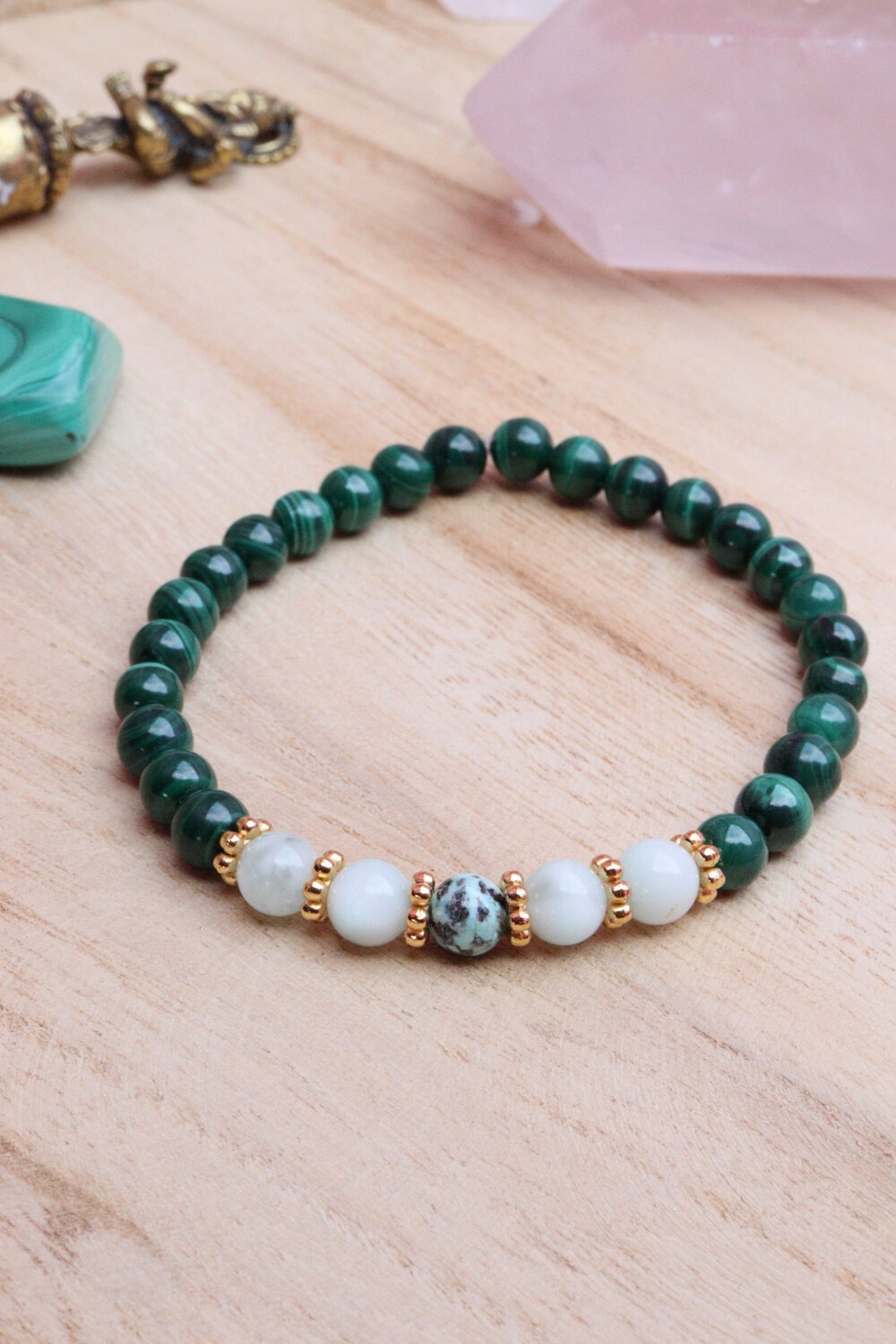 Bracelet en pierre naturelle de malachite, pierre de lune verte et turquoise péruvienne