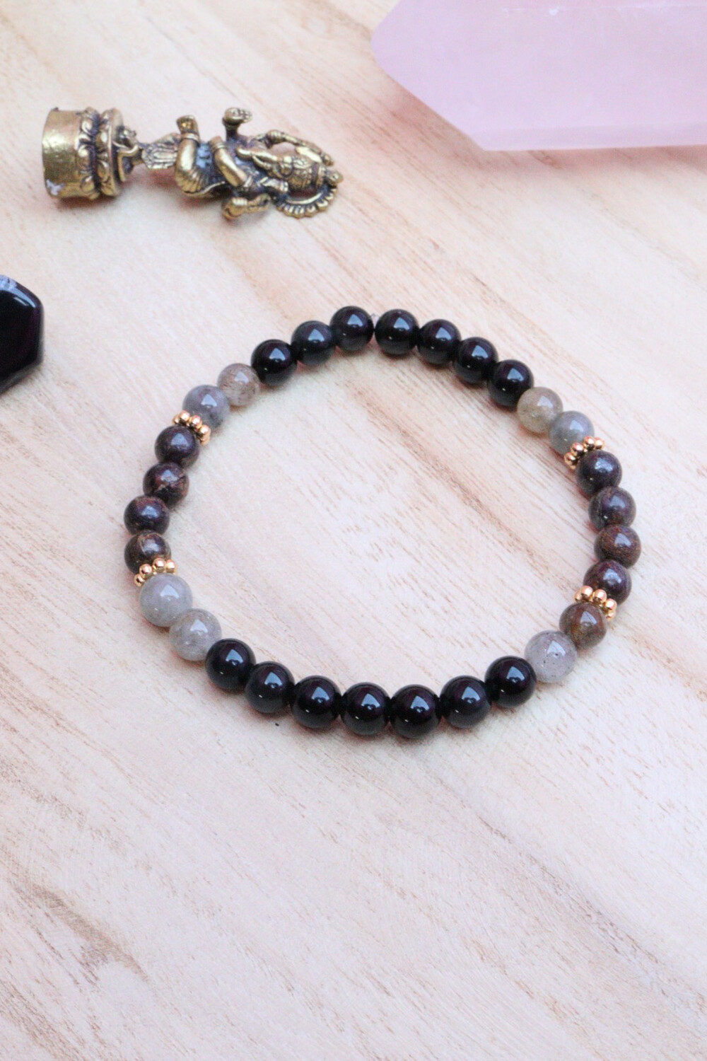 Bracelet en pierre naturelle d’obsidienne, labradorite et bronzite
