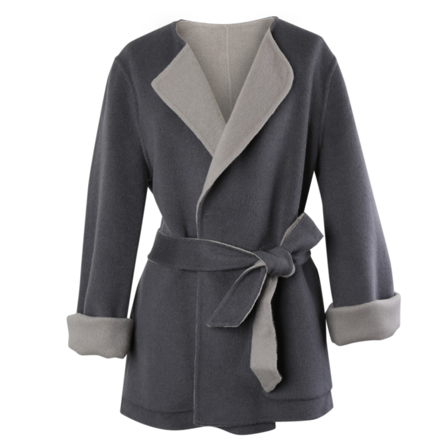 Collarless Belted Double Faced Wool Coat