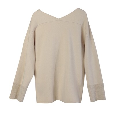 Nylon Fur Cuff V-Neck Sweater - Champagne Nylon Fur Cuff V-Neck Sweater - Champagne