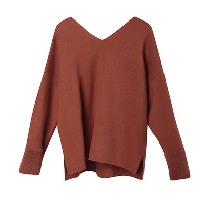 Nylon Fur Cuff V-Neck Sweater - Crimson Nylon Fur Cuff V-Neck Sweater - Crimson