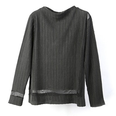Transparent Yarn Ribbed Blocking Mock Neck Sweater - Charcoal Transparent Yarn Ribbed Blocking Mock Neck Sweater - Charcoal