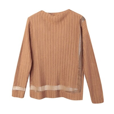 Transparent Yarn Ribbed Blocking Mock Neck Sweater - Bronzer Transparent Yarn Ribbed Blocking Mock Neck Sweater - Bronzer