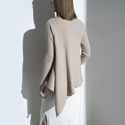 Rib Stitch Asymmetric Hem Sweater - Light Beige Rib Stitch Asymmetric Hem Sweater - Light Beige