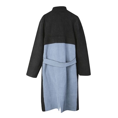 Colour-Blocked Stand Collar Knitted Coat - Black/Dusty Blue Colour-Blocked Stand Collar Knitted Coat - Black/Dusty Blue