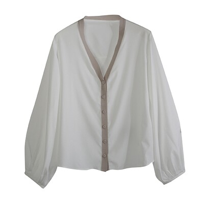 KNITTED PLACKET BUBBLE SLEEVES BLOUSE-EGGSHELL/DOVE