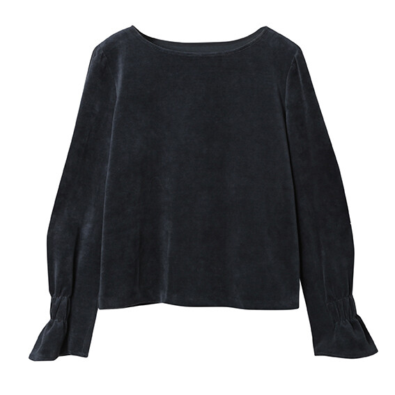 KNITTED CORDUROY PLEATED CUFF BLOUSECHARCOAL BLUE