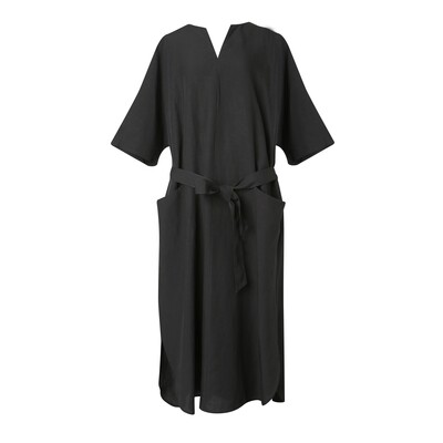 BELTED LINEN VISCOSE DRESS-BLACK