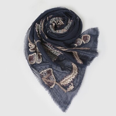 ​EMBROIDERED LOTUS POND SHAWL-NAVY/ SOFT PINK