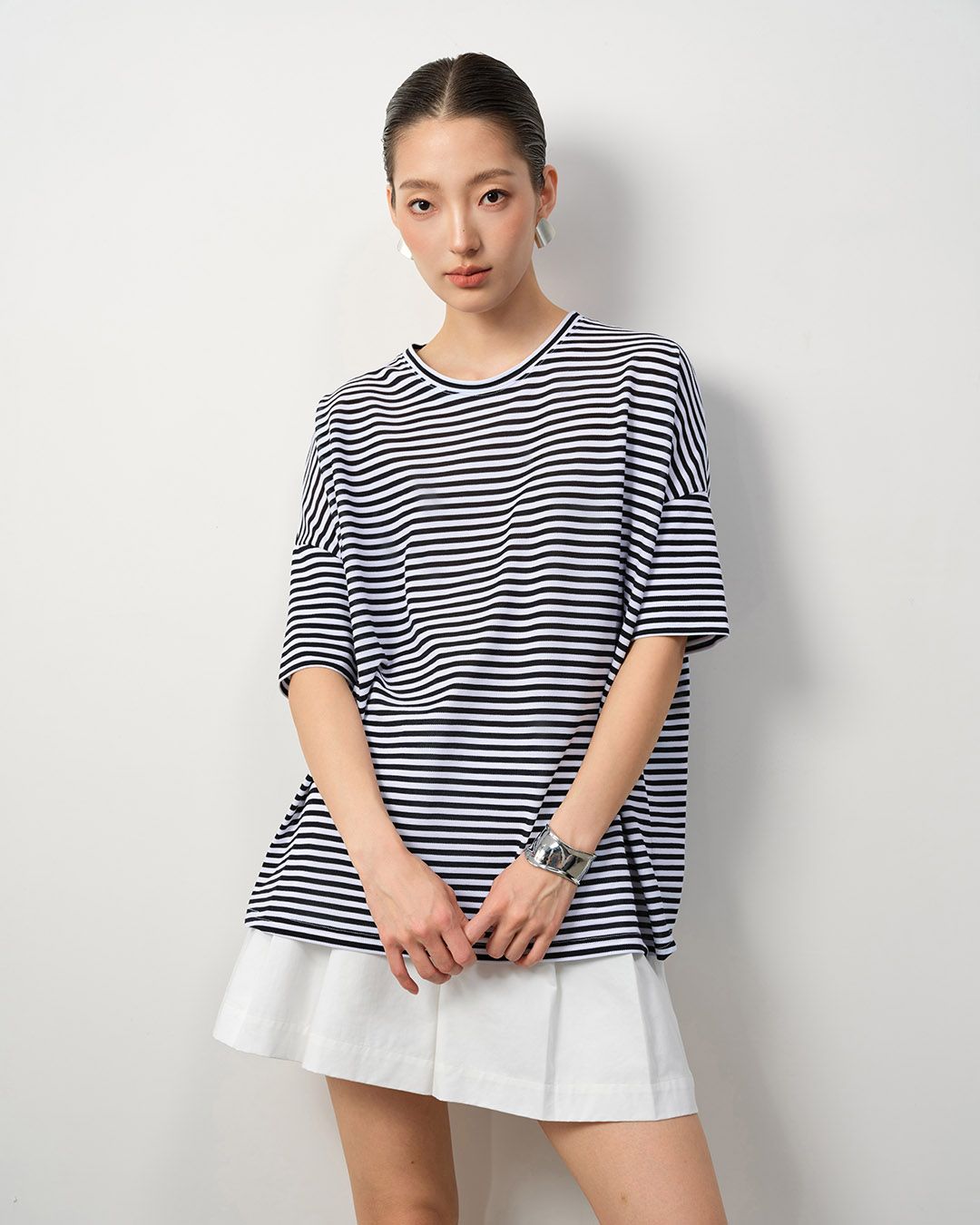 NAUTICAL PIQUE SHORT SLEEVES TOP - WHITE/ BLACK (STRIPE)