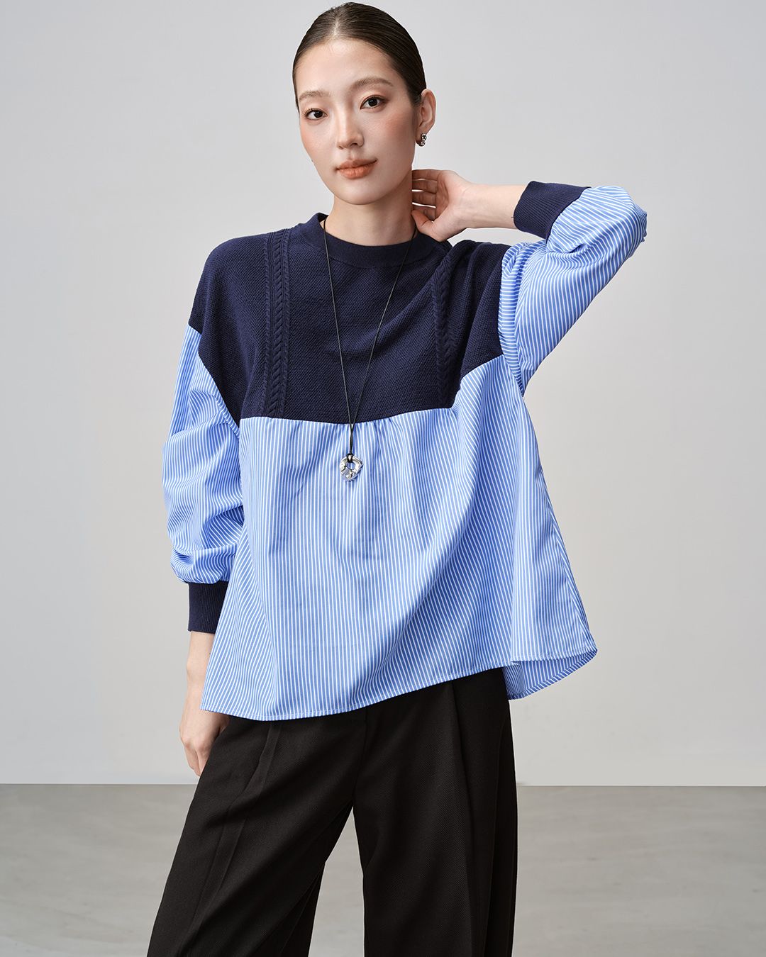 HYBRID KNIT TOP - NAVY/DENIM