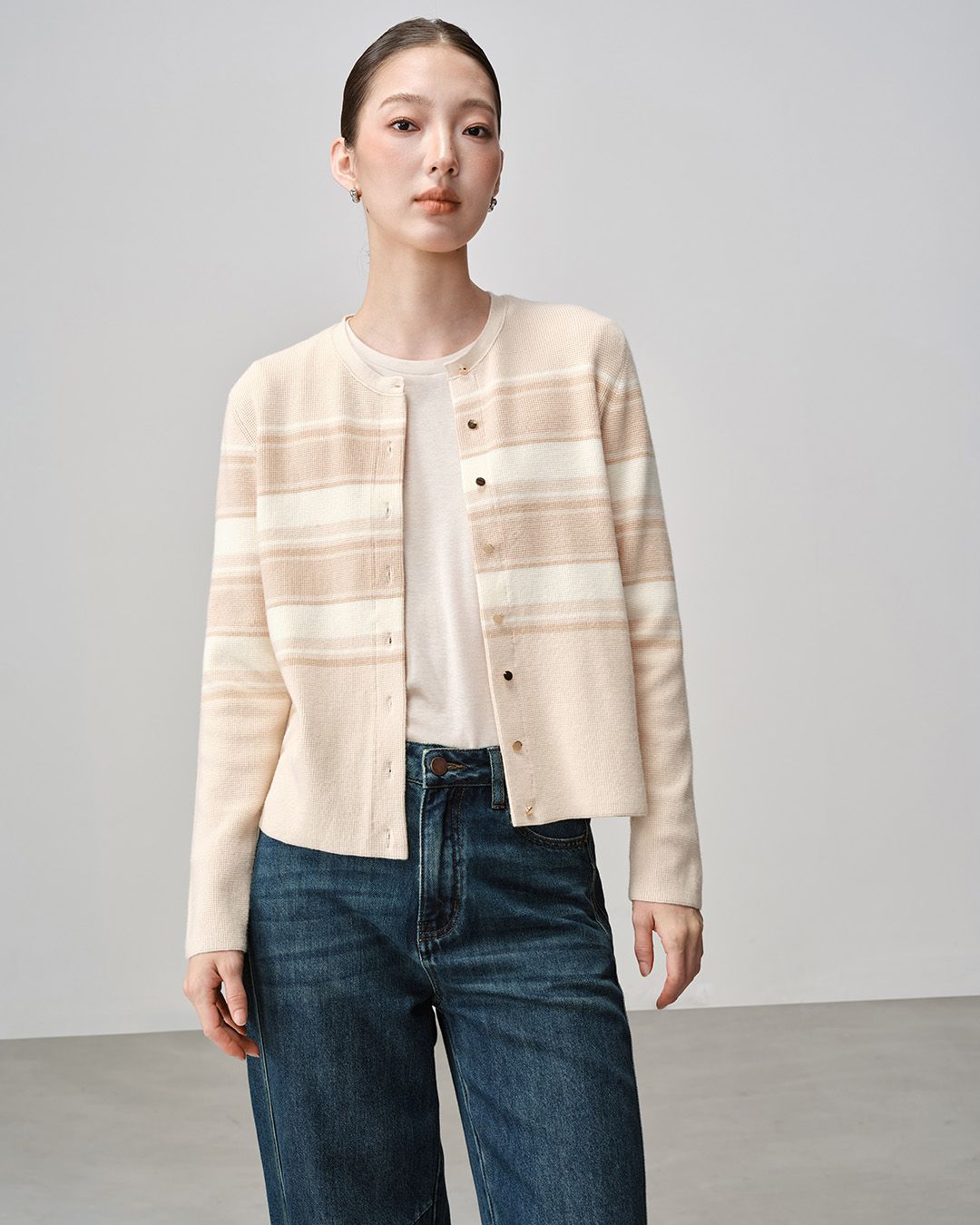 METAL BUTTONS CARDIGAN - ALMOND STRIPE