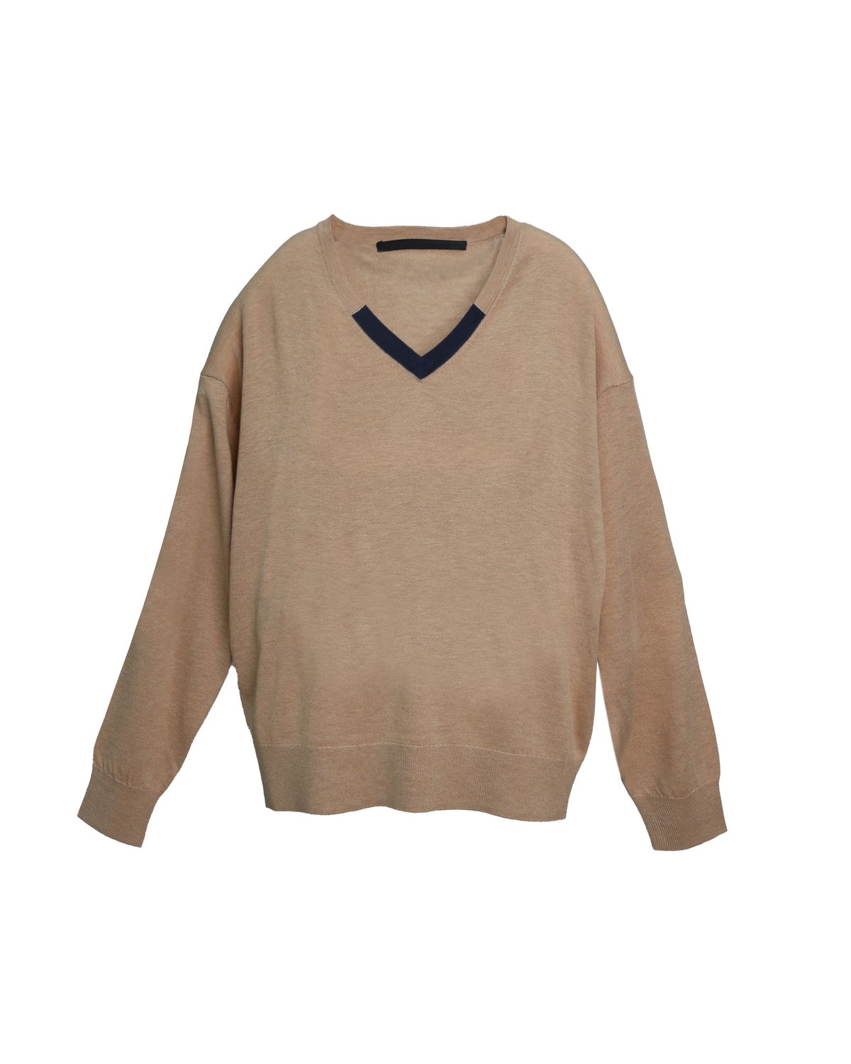 CONTRAST V-NECK TOP - SAND/NAVY