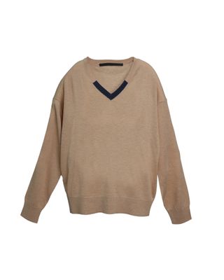 CONTRAST V-NECK TOP - SAND/NAVY