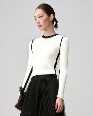 SLIM RIBBED KNIT TOP - ALMOND/ BLACK