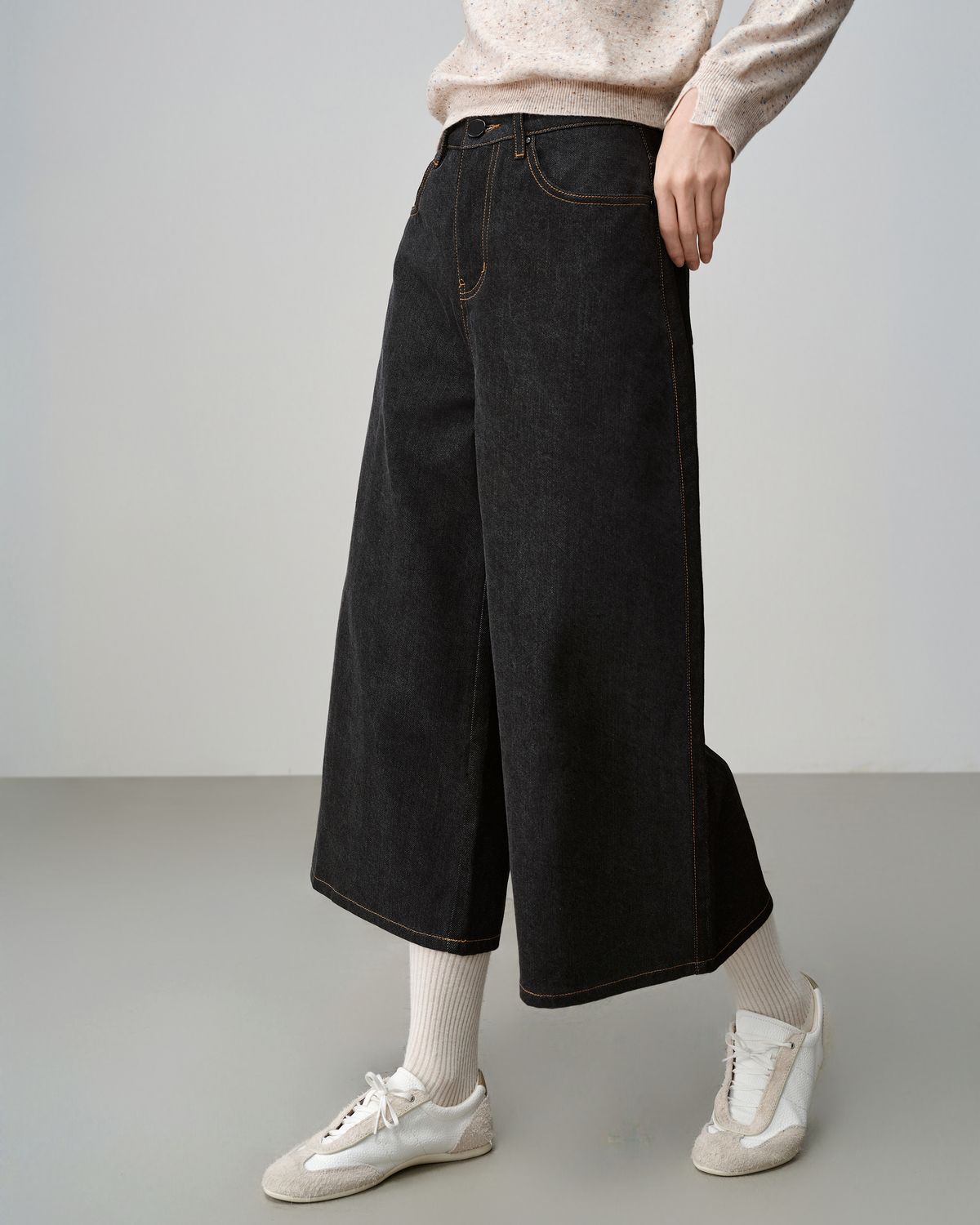 TWO-TONE DENIM CULOTTES - BLACK #WASH/UNWASH