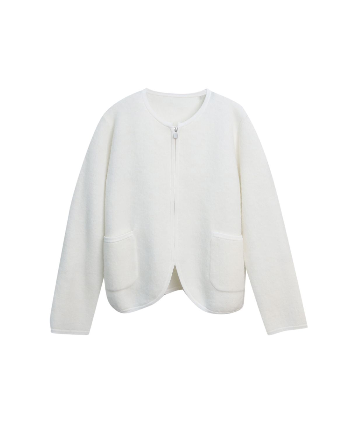 WOOL BLEND ZIPPED KNIT CARDIGAN - EGGSHELL