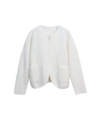 WOOL BLEND ZIPPED KNIT CARDIGAN - EGGSHELL