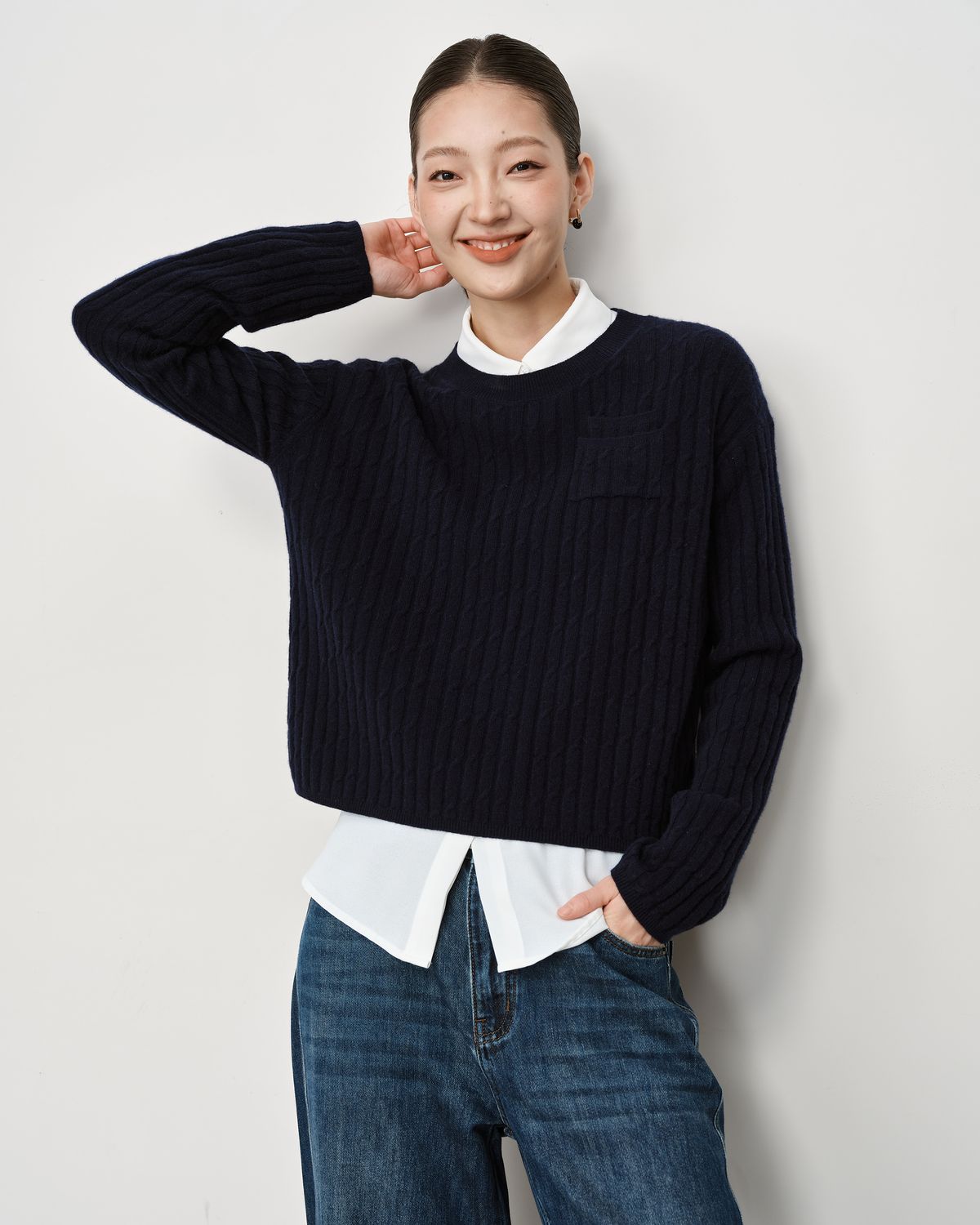 POCKET DETAIL KNIT TOP - NAVY