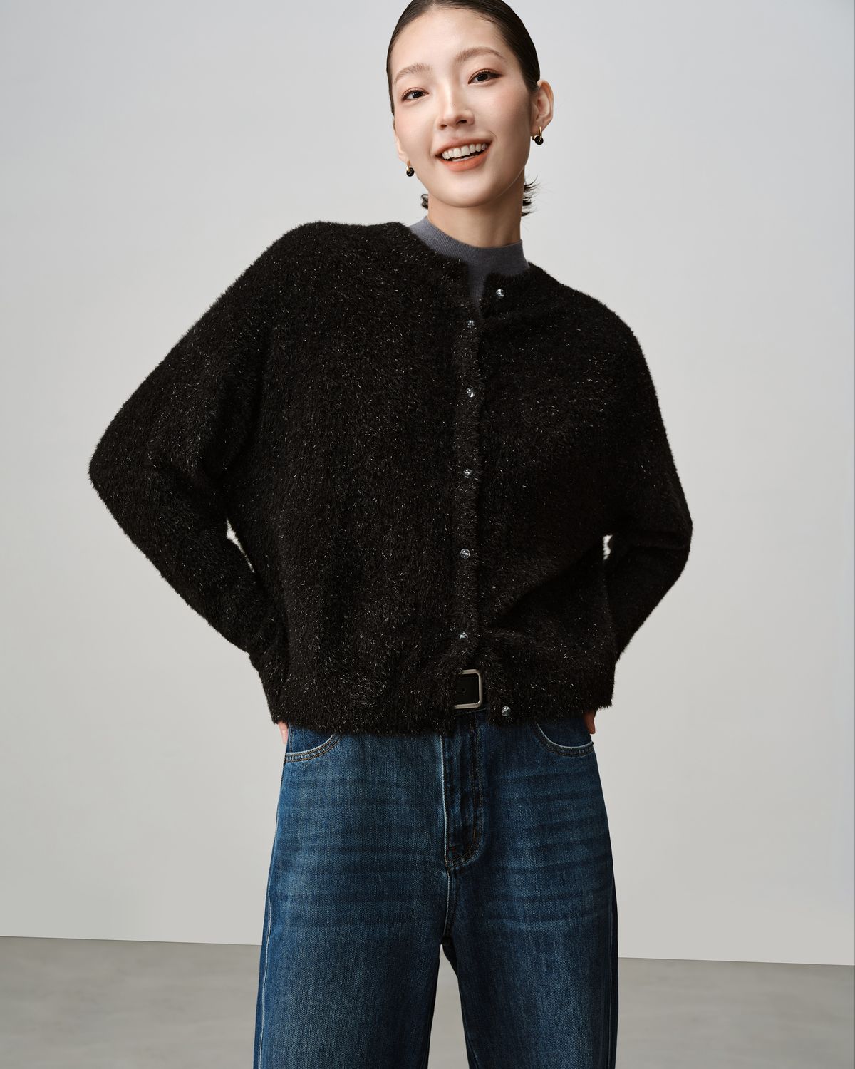 METALLIC CARDIGAN - BLACK