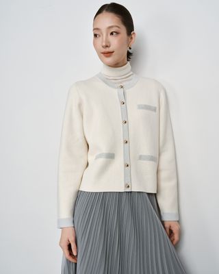 METALLIC TRIM KNITTED JACKET - PEARL / LHG