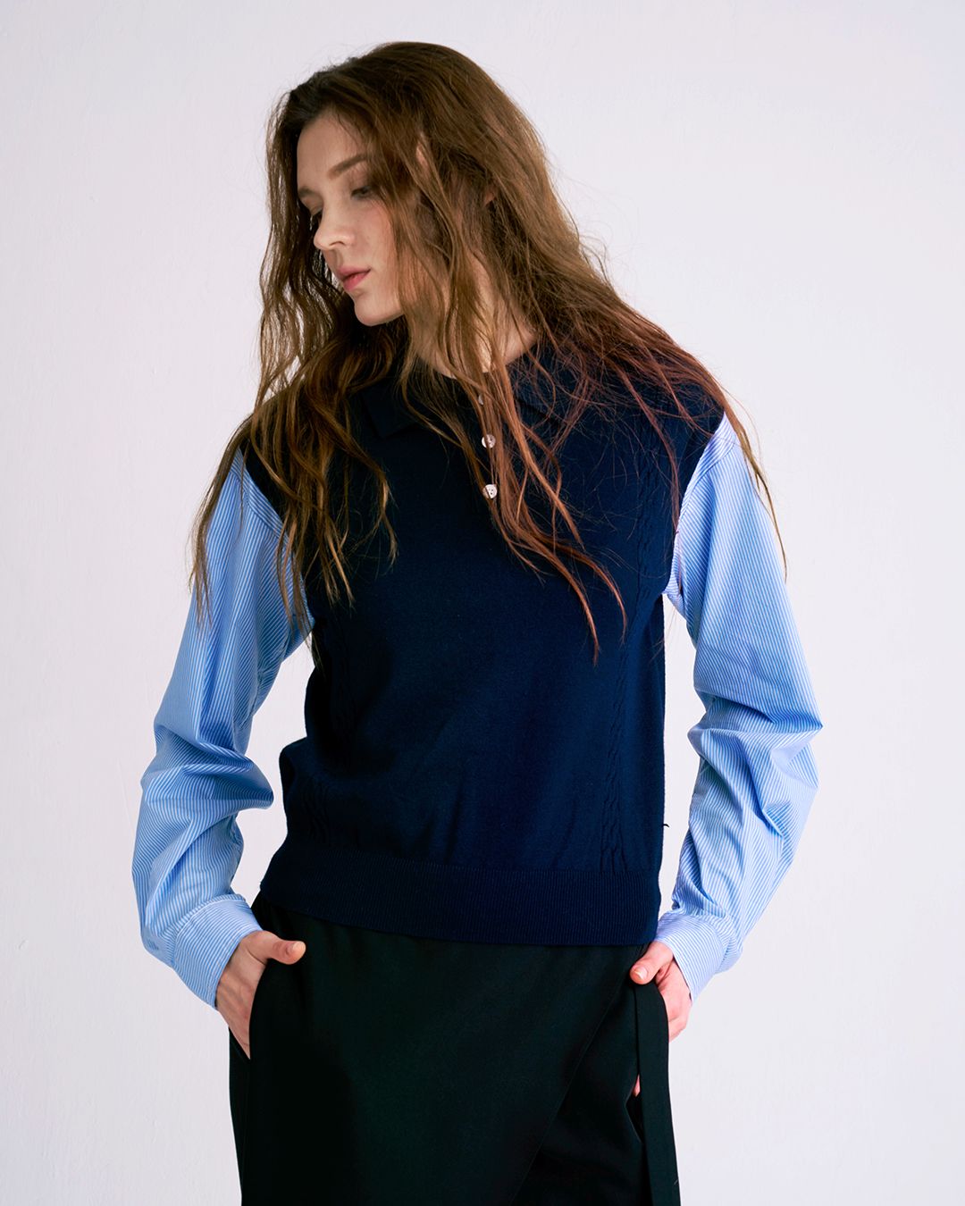SHIRT SLEEVES CABLE KNIT TOP - NAVY/ SKY STRIPE