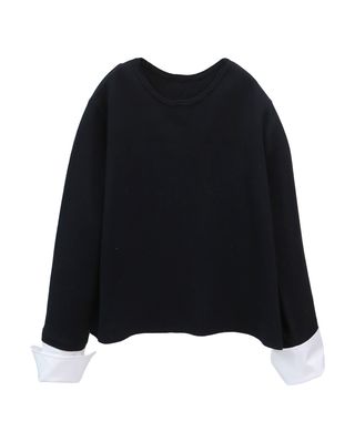 SHIRT CUFFS DETAILED KNIT TOP - BLACK/EGGSHELL