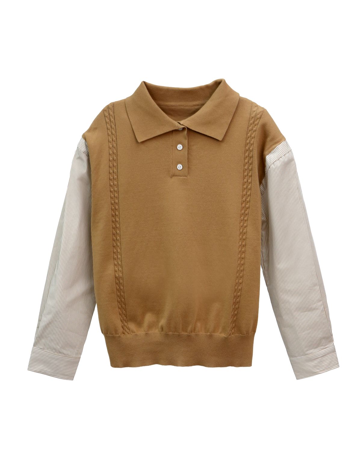 SHIRT SLEEVES CABLE KNIT TOP - CAMEL/ KHAKI STRIPE