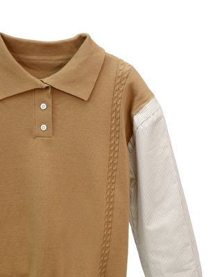 SHIRT SLEEVES CABLE KNIT TOP - CAMEL/ KHAKI STRIPE