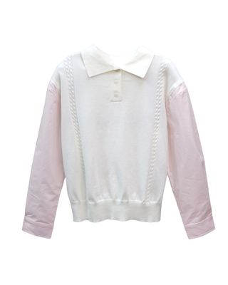 SHIRT SLEEVES CABLE KNIT TOP - EGGSHELL/ PINK STRIPE