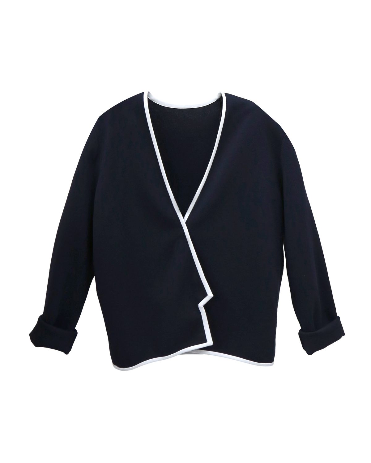ASYMMETRICAL CONTRAST TRIM KNITTED JACKET - NAVY/EGGSHELL